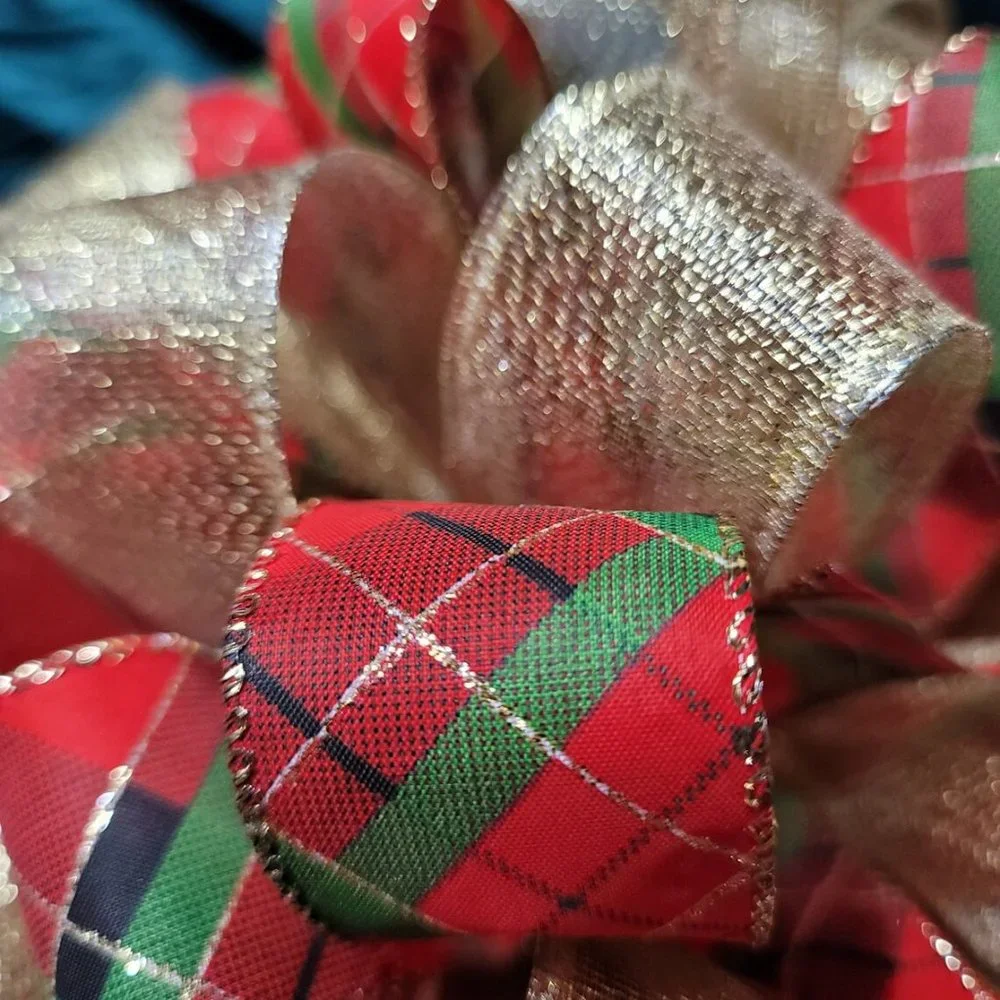 Christmas Tree Bow Topper, Red/Green Plaid & Gold Ribbon Tree Topper 44 Loop Bow
